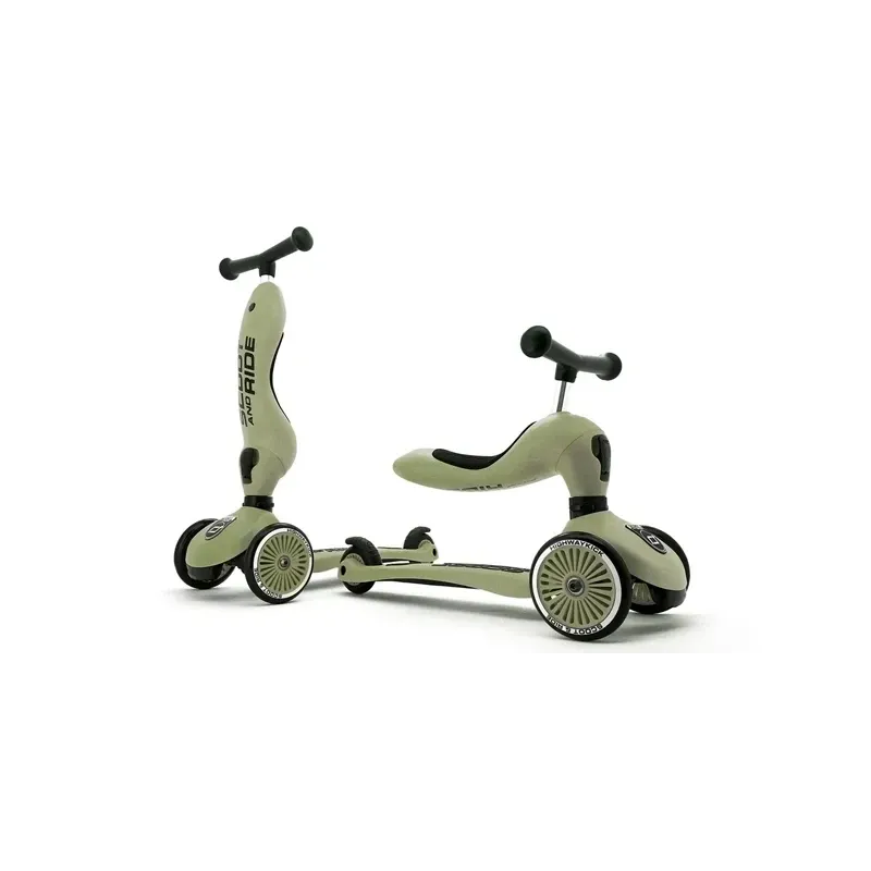 Scoot & Ride Highwaykick 1 Olive in loopfiets- en stepstand