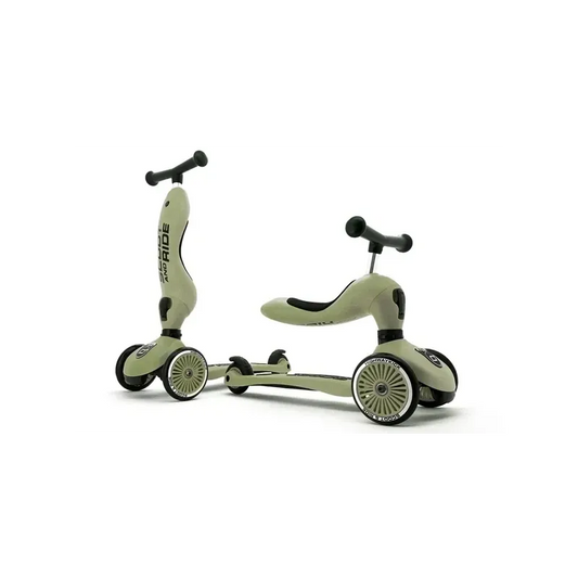 Scoot & Ride Highwaykick 1 Olive in loopfiets- en stepstand